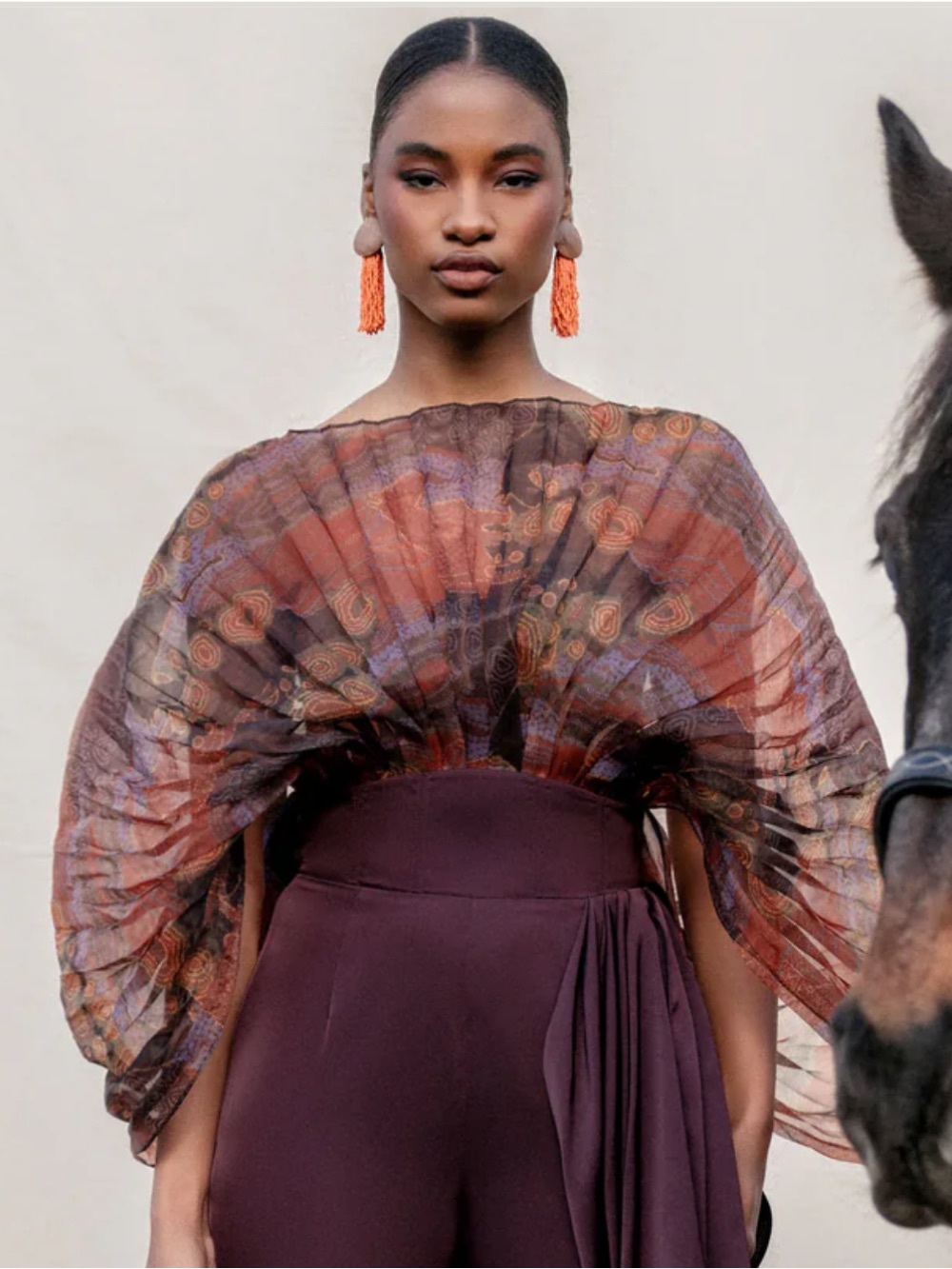 Andrea Iyamah Sombra Sheer Pleated Bodysuit in Kava Print XL